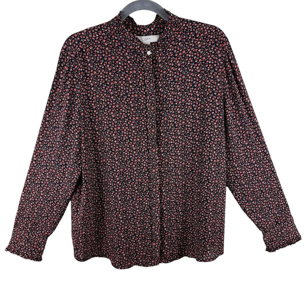 LOFT Black and orange Boxy Blouse with Cuffed Sleeves
